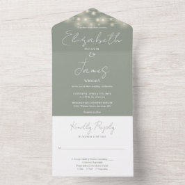 Sage Greenエレガント Script String Lights結婚's オールインワン招待状
