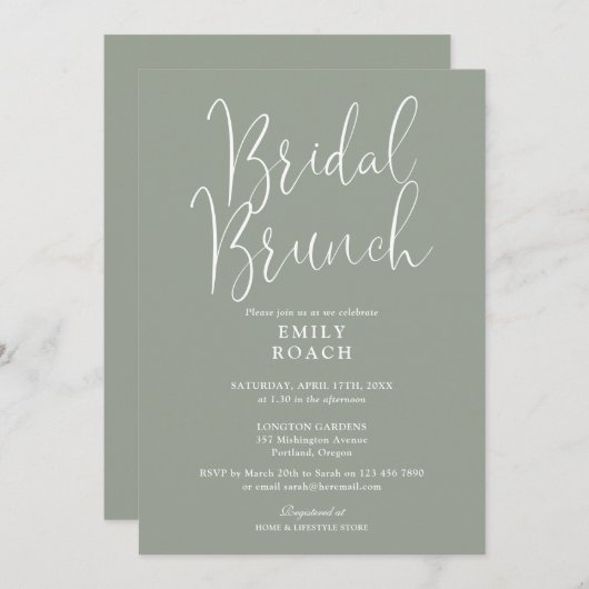 Sage Greenスクリプエレガントトブライダルバンチシャワー 招待状 (正面/裏面)