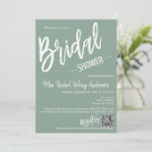 Sage GreenスクリプミニマルトブライダルシャワーQRコード 招待状 (スタンド正面)