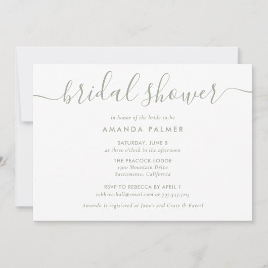 Sage Greenスクリプモダントブライダルシャワー 招待状 (正面)