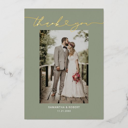 Sage Greenハートス結婚クリプトの写真 箔招待状 (正面)