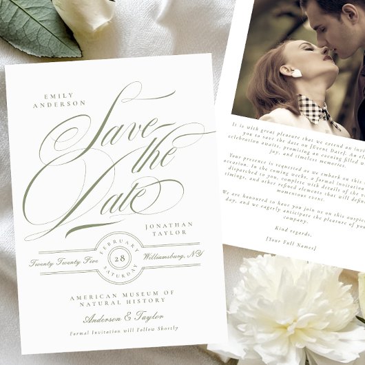 Sage Greenフォーマル書道ブラックタイ写真 セーブザデート