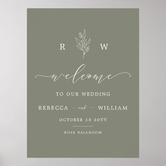 Sage Greenフローラモノグラムスクリプトウェルカム結婚ズ ポスター (正面)