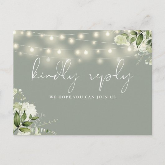 Sage Greenフローラ文字列ライトソングリクエストRSVP インビテーションポストカード (正面)
