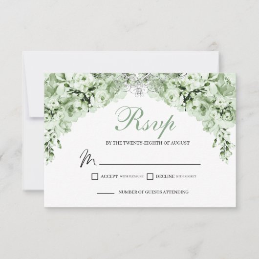 Sage GreenフローラRSVPエンクロージャカード 出欠カード (正面)