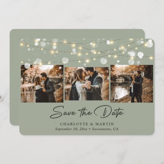 Sage Greenモダンの結婚3枚の写真Save The Date セーブザデート (正面/裏面)