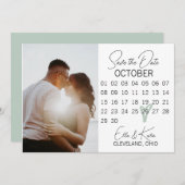 Sage Greenモダンハート写真Save The Date Card セーブザデート (正面/裏面)