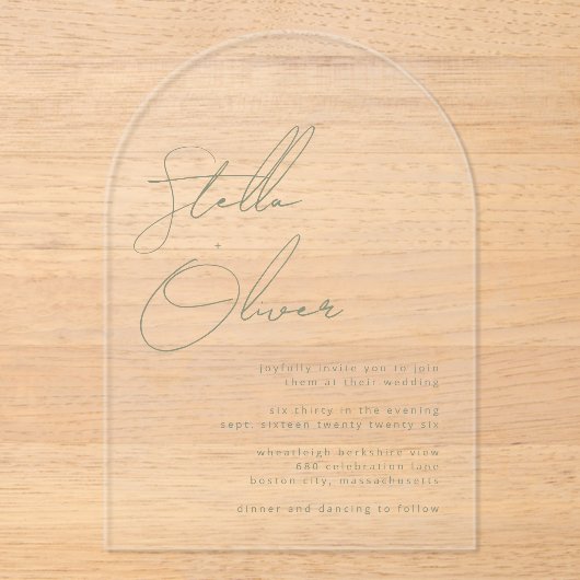 Sage Greenモダン書名の結婚一覧 アクリル招待状 (正面)