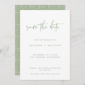 Sage Greenモダン Geometric Pattern Script結婚's セーブザデート (正面/裏面)