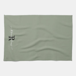 Sage Greenモダン Monogramスクリプトイニシャル名 キッチンタオル