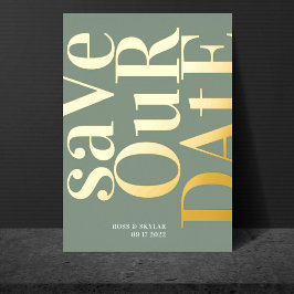 Sage Greenモダン White日付を保存 箔招待状