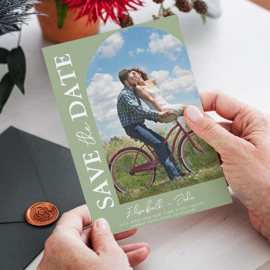 Sage Green写真エレガント結婚式の日付を保存 セーブザデート