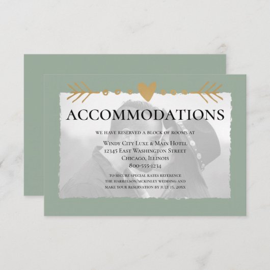 Sage Green写真モダン金ゴールドハート宿泊施設 エンクロージャーカード (正面/裏面)