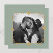 Sage Green写真モダン金ゴールドハート結婚ズ 招待状 (正面/裏面)