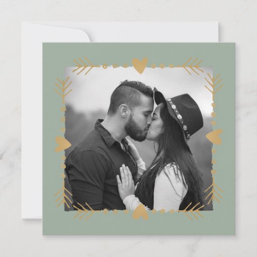 Sage Green写真モダン金ゴールドハート結婚ズ 招待状 (正面)