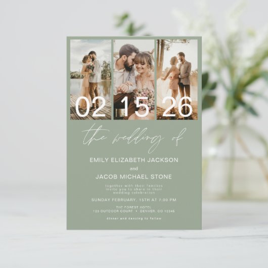 Sage Green写真結婚のQRコードのエレガント 招待状 (スタンド正面)