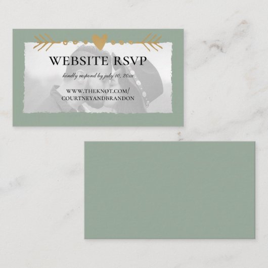 Sage Green写真金ゴールドモダンハートWebサイトRSVP エンクロージャーカード (正面/裏面)