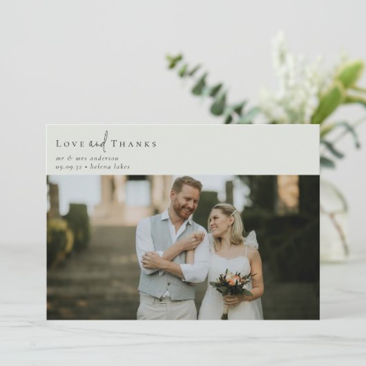 Sage Green書道台本の写真結婚の写真 サンキューカード (スタンド正面)