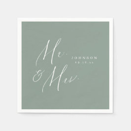 Sage Green氏とMrsスクリプトのミニマリスト結婚の スタンダードカクテルナプキン
