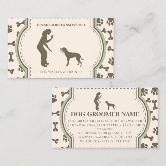 sAGE gREEN犬のトレーナーモダンはペットをシンプル歩く 名刺 (正面/裏面)