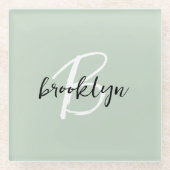 Sage Green白黒スクリプトモノグラム ガラスコースター (正面)