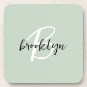 Sage Green白黒スクリプトモノグラム コースター (正面)