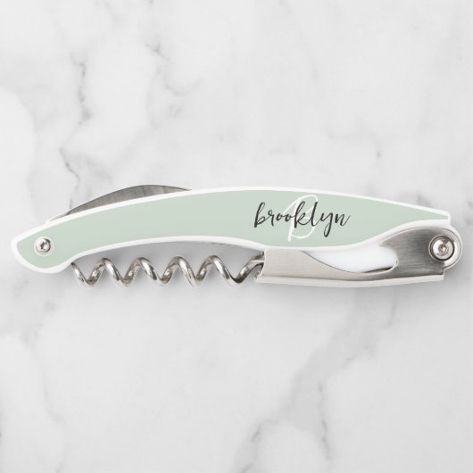 Sage Green白黒スクリプトモノグラム ソムリエナイフ (裏面)