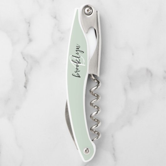 Sage Green白黒スクリプトモノグラム ソムリエナイフ (裏面)