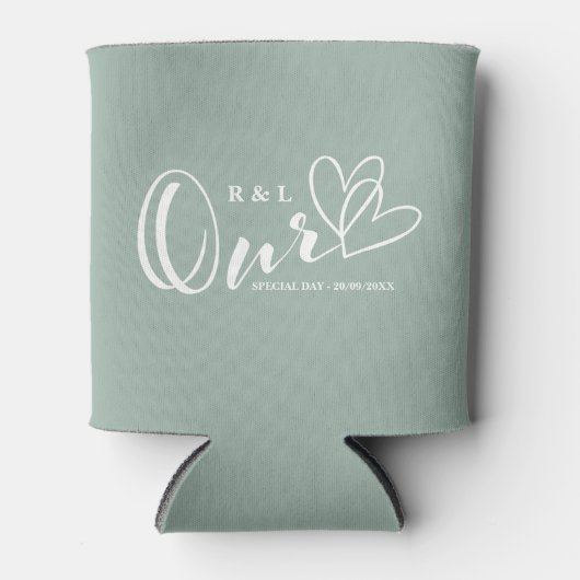 Sage Green私たちのハート結婚/記念日 缶クーラー (正面)