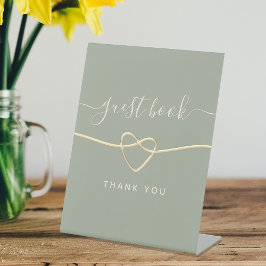 Sage Green結婚の金ゴールドハート付きゲストブックサイン 台座サイン