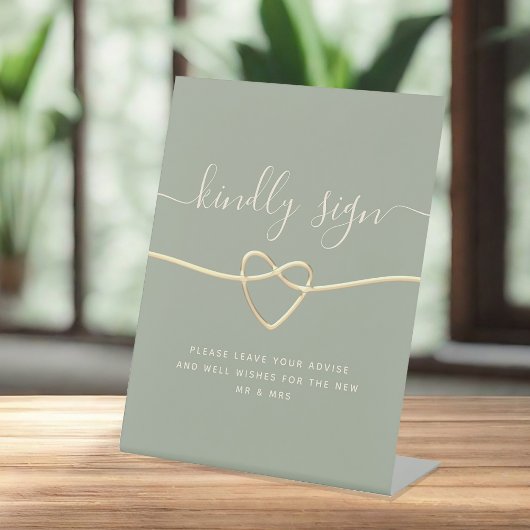 Sage Green結婚の金ゴールドハート付きゲストブックサイン 台座サイン