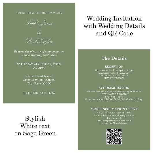 Sage Green結婚のQRコードRSVP招待状 招待状