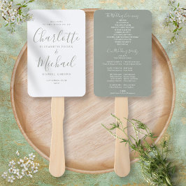 Sage Green署名スクリプト結婚式 プログラム ハンドファン