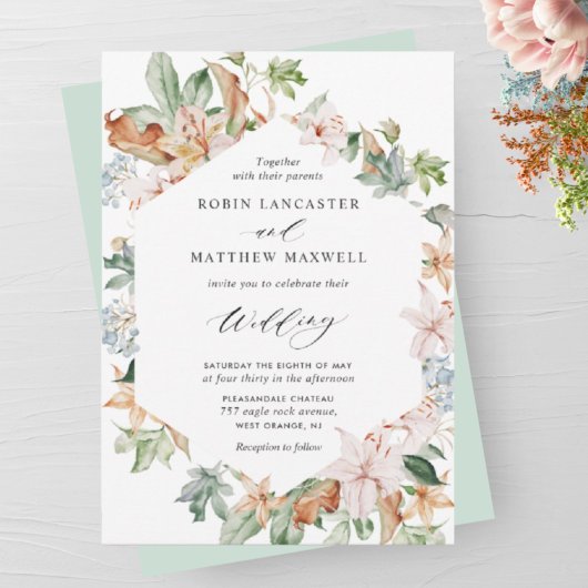 Sage Green自然の幾何学的な結婚開花 招待状