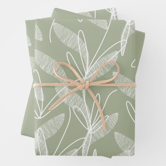 Sage Green葉でエッチングされた植物模様 ラッピングペーパーシート (インサイチュ)