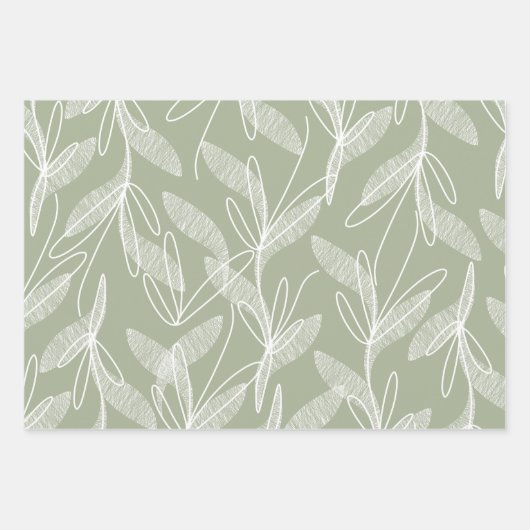 Sage Green葉でエッチングされた植物模様 ラッピングペーパーシート (正面)