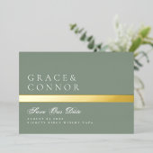 Sage Green金ゴールドストライプ写真の保存日付 箔招待状 (立ち正面)