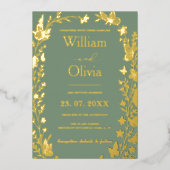 Sage Green金ゴールドボホフローラ写真結婚のフォイルInv 箔招待状 (正面)