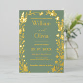 Sage Green金ゴールドボホフローラ写真結婚のフォイルInv 箔招待状 (立ち正面)