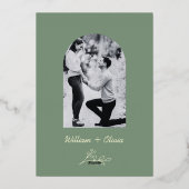 Sage Green金ゴールドボホフローラ写真結婚ズ 箔招待状 (裏面)