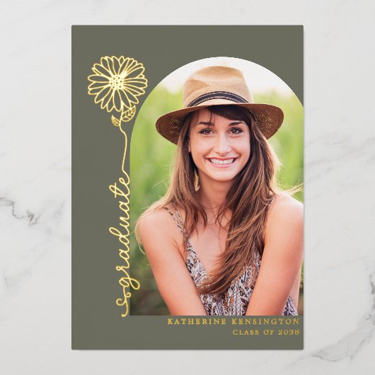 Sage Green金ゴールド手書き写真卒業 箔招待状 (正面)