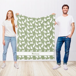 sage green とホワイトのうさぎのイースター 名前入り デザイン フリースブランケット