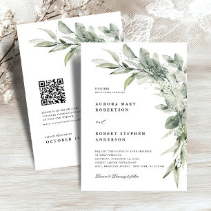 sage green のユーカリを使ったミニマルなQRコードの結婚式 招待状