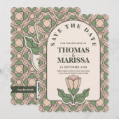 sage green アートヌーボー QR コード Save the Date (正面/裏面)