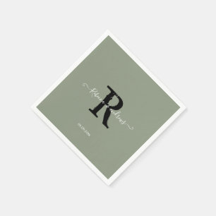 Sage Green エレガント Monogramスクリプトイニシャル結婚の スタンダードカクテルナプキン