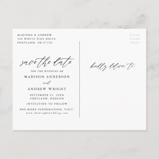 Sage Green エレガント Script 3写真Save the Date 案内ポストカード (裏面)