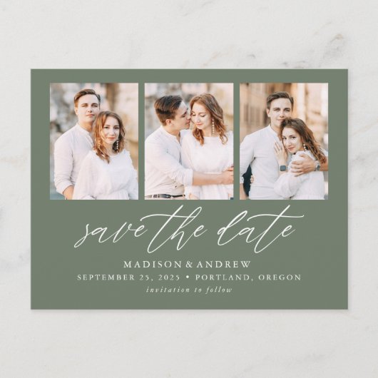 Sage Green エレガント Script 3写真Save the Date 案内ポストカード (正面)