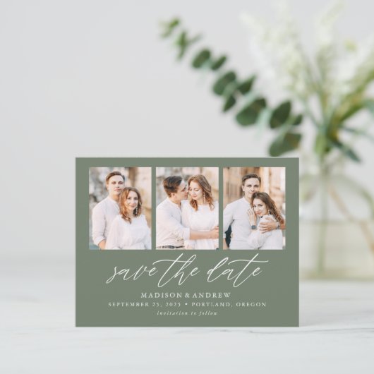 Sage Green エレガント Script 3写真Save the Date 案内ポストカード (スタンド正面)