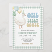 sage green ギンガム One Silly Goose 1歳の誕生日 招待状 (正面)