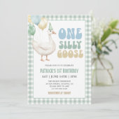 sage green ギンガム One Silly Goose 1歳の誕生日 招待状 (スタンド正面)